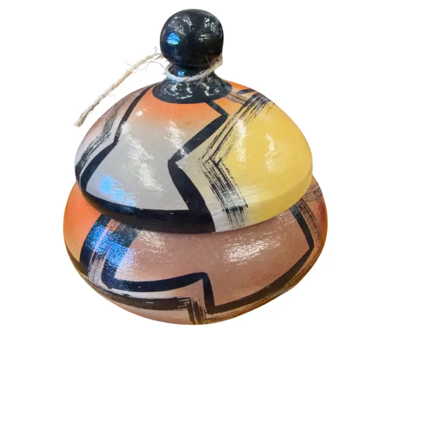 Pottery Dish With Lid Orange Black Hand painted
