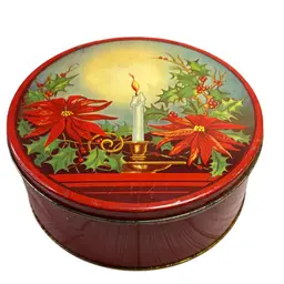 Vintage Red Christmas Tin with Candle Image 8 Inches