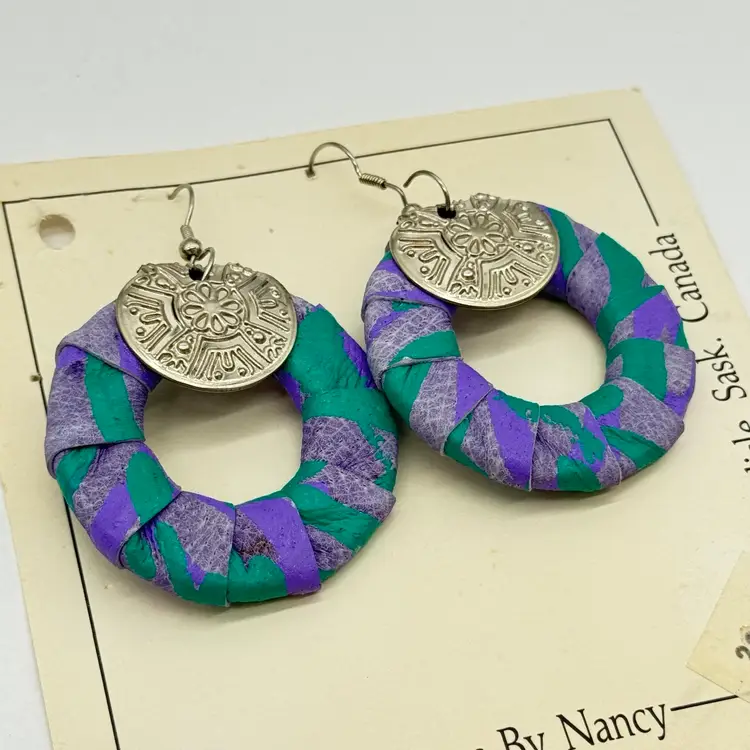 Vintage 1980’s Hand Made Dangle Earrings Leather Metal Mixed Material Retro OOAK