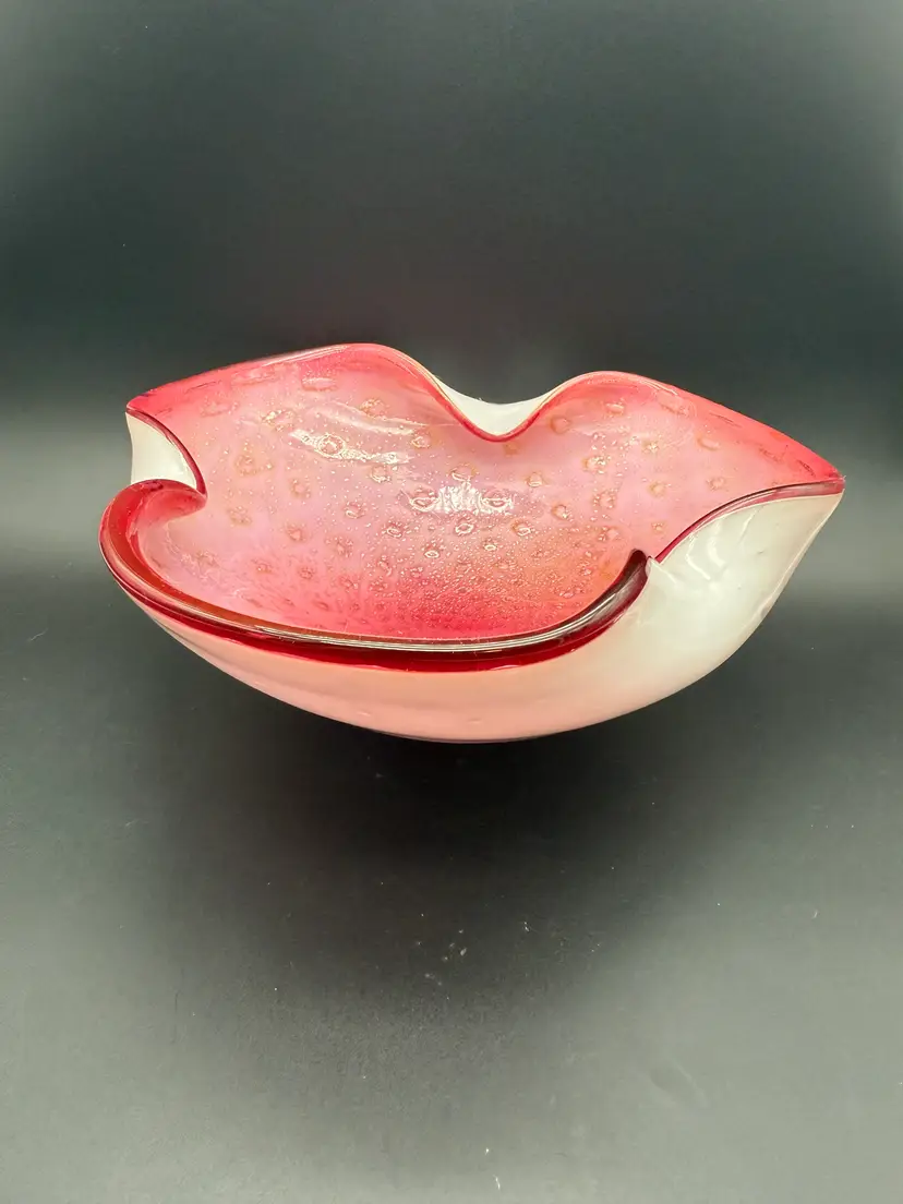 Vintage MCM Pink and White Cased Art Glass Bowl with Bullicante Bubbles Gold Flecks