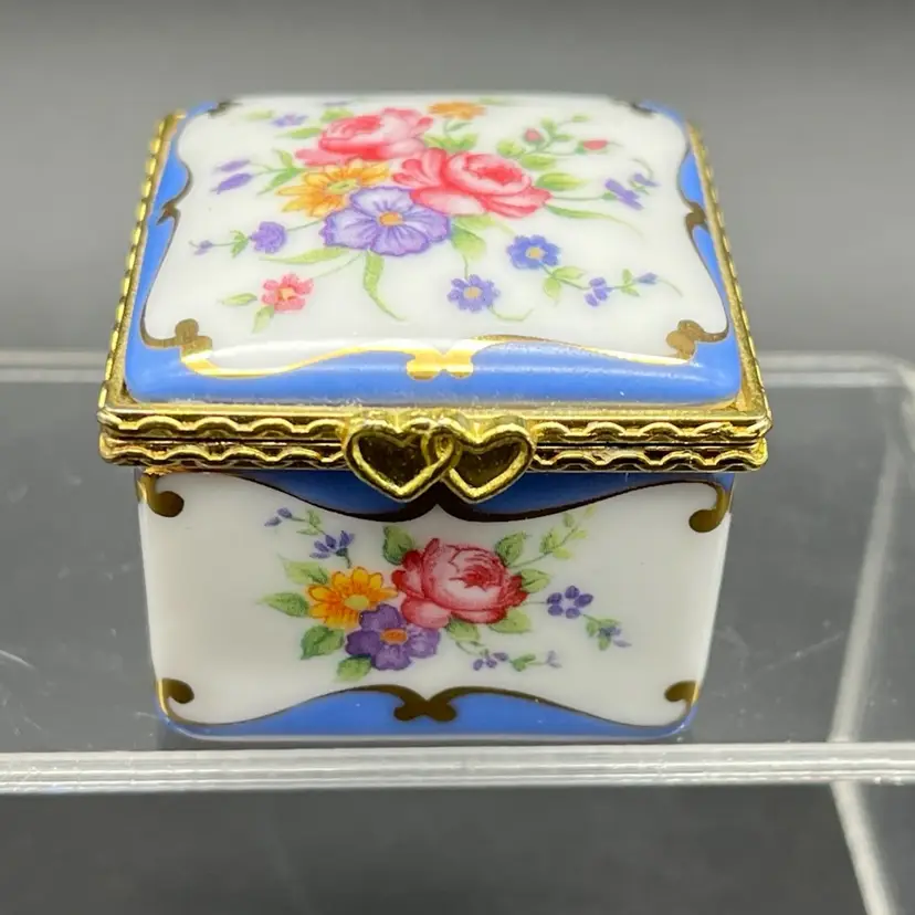 Miniature Trinket Box, Pink And Blue Floral Andrea By Sadak 2”