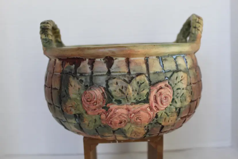 Vtg Weller Flemish 1920's Art Pottery Red Roses Planter Cache Pot Basket Shape