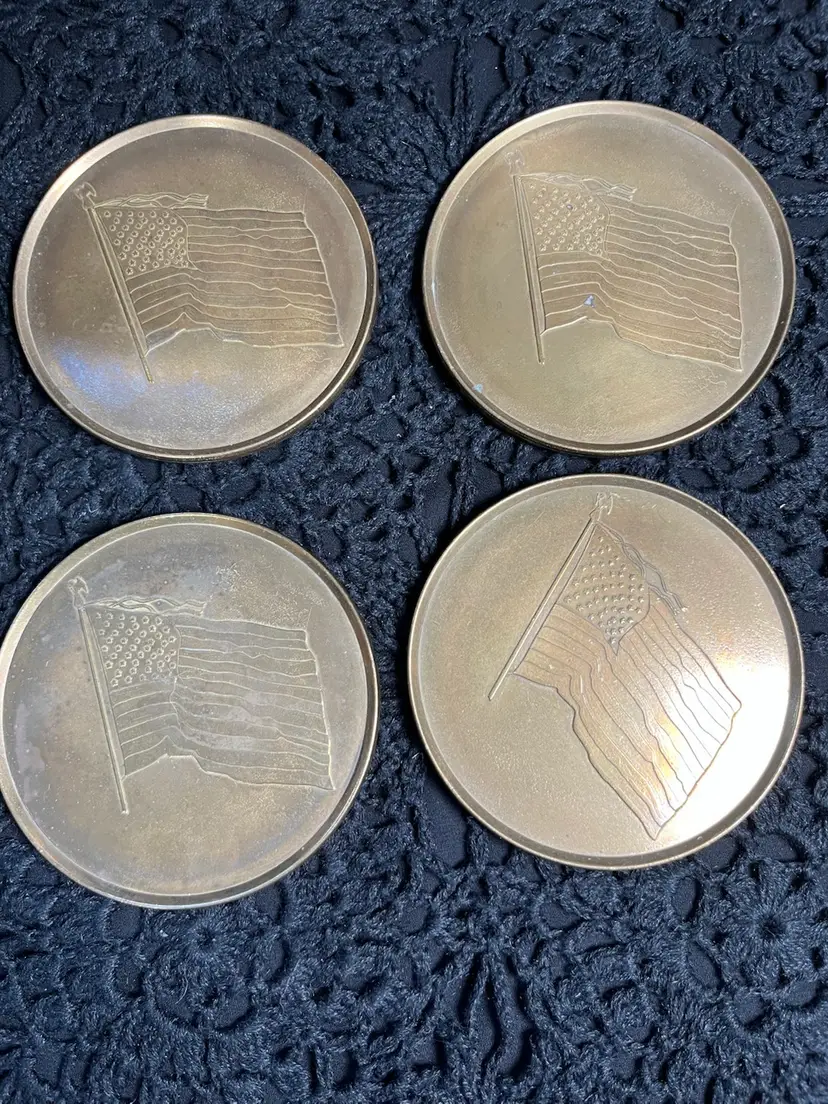 Set of 4 Vintage Patriotic Brass Coasters-Features the American Flag-Has Furniture Protector on Bottom