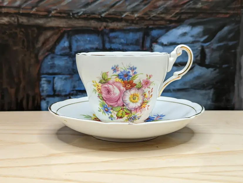 Regency Tea Cup Saucer Bone China Made in England Rose Corsage Tea Party Gold Trim Shabby Cottage