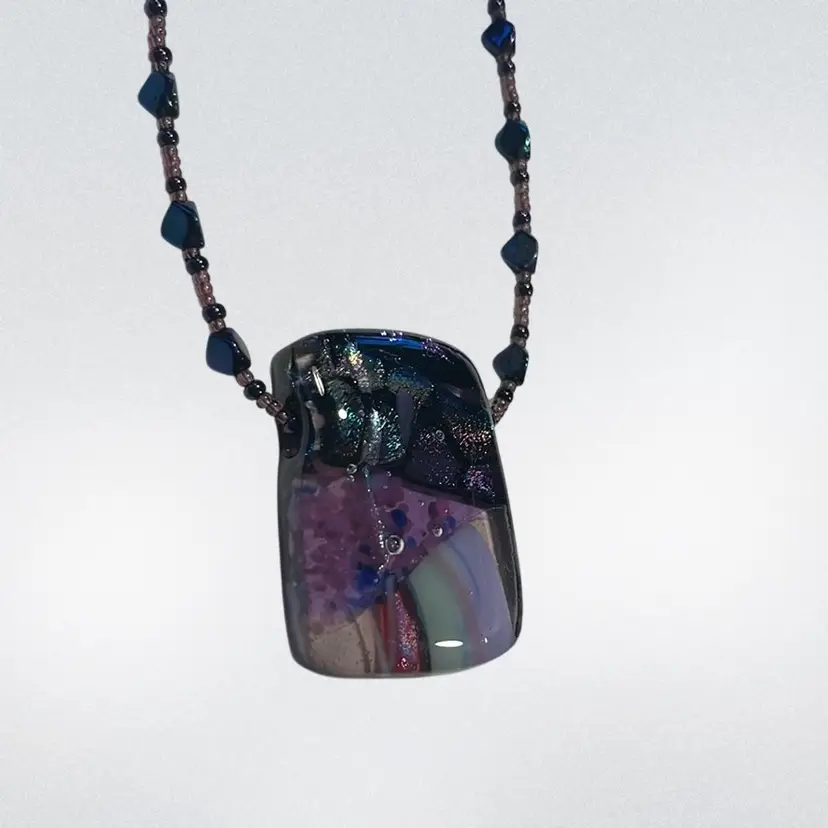 Dichroic Fused Art Glass Pendant Necklace w/ Beads Purple | 22”