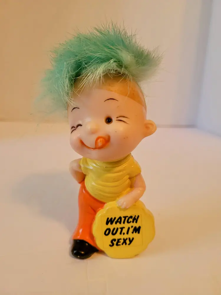 1970 Watch Out I’m Sexy Wallace Berry Russ Berries Figurine Doll Retro 1970s 70s Vintage Kitsch Cartoon Troll Green Hair Yellow Orange