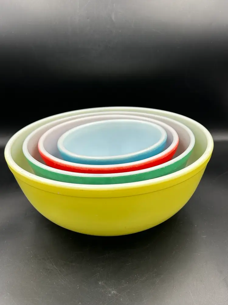 Vintage Set Of 4 Primary Color, Glass Mixing Bowl Set Used