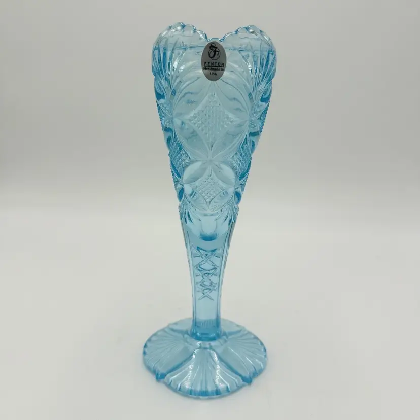 Vintage Fenton Art Glass Vase Aqua Blue With Etched Butterfly & Diamond Pattern