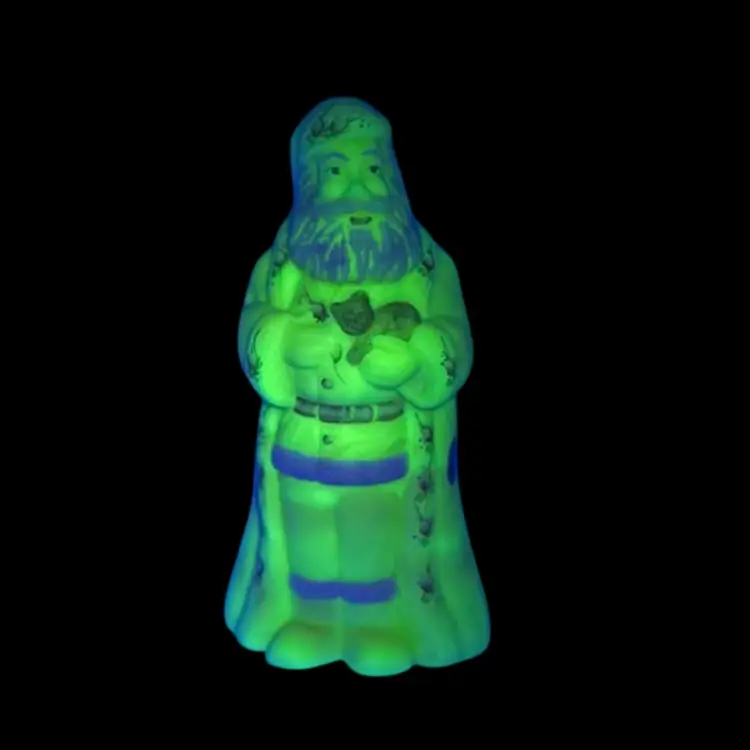 Fenton  Pink Burmese Old World Santa Figurine Signed R. Blevins - 9” - GLOWS - Sugared Belt & Boots Holding A Kitten