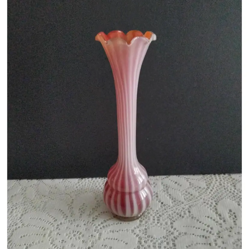 Vintage Hand Blown Bud Vase White/Cranberry Striped