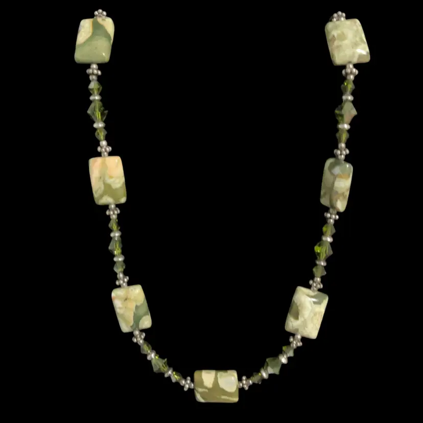 Beautiful Rainforest Jasper Necklace With Green Glass Crystals And Silvertone Spacers.