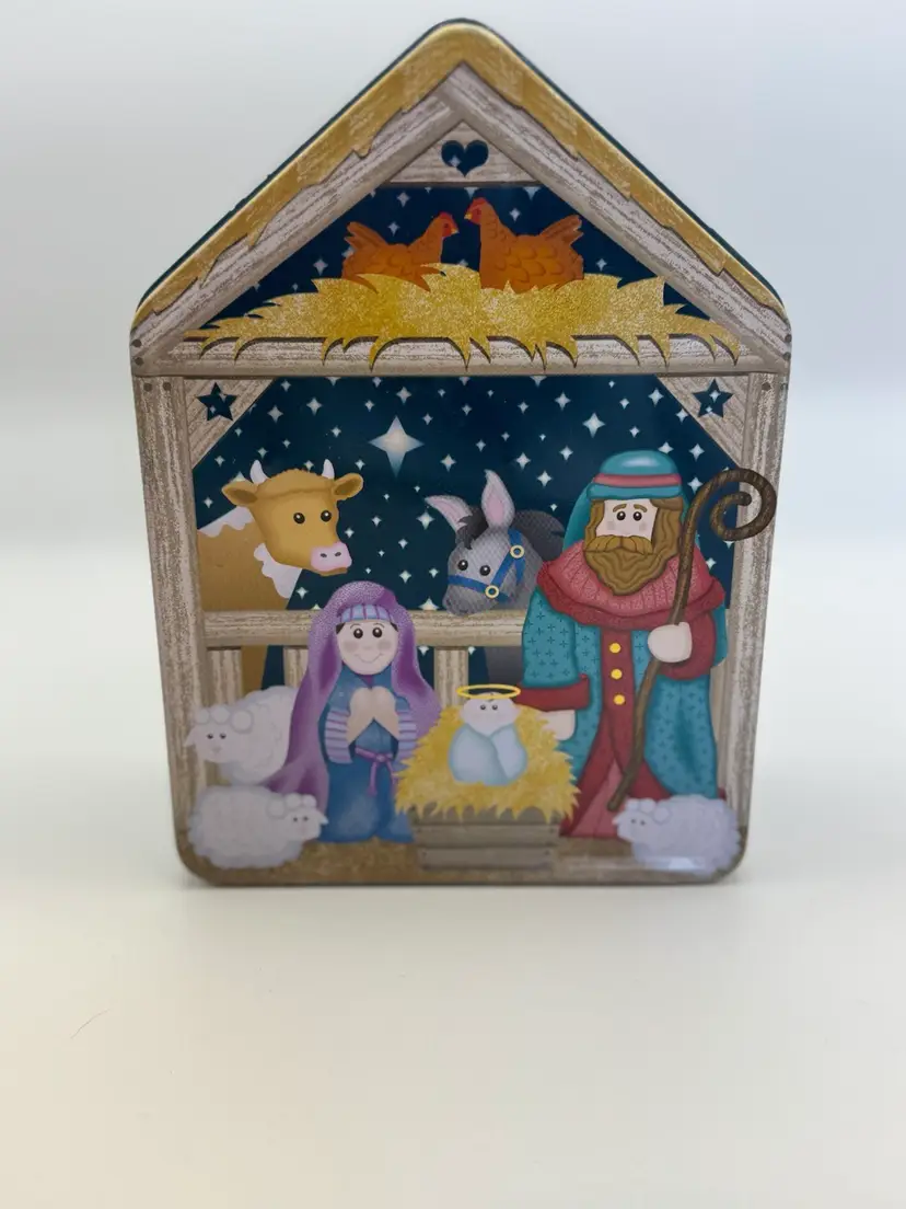 7 Piece Resin Nativity Set In Decorative Metal Tin.