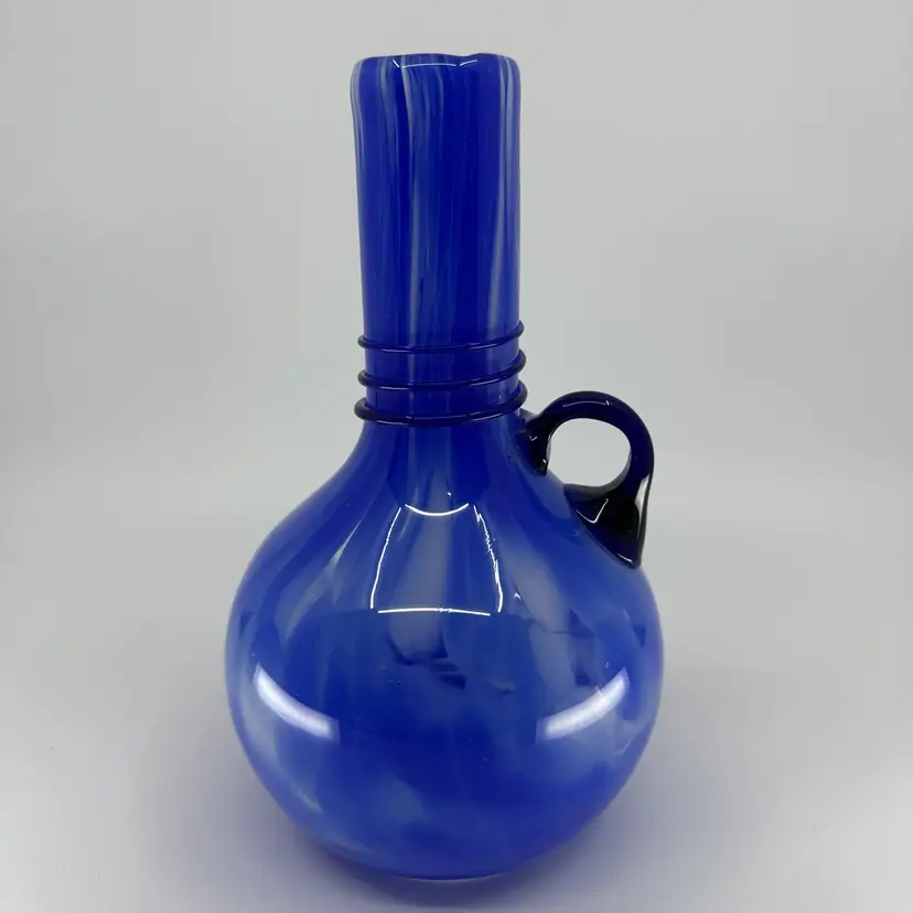 Vintage Blue White Czech Art Glass Vase with Applied Handle Threaded Around The Neck