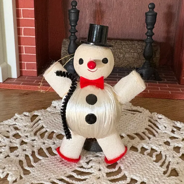 Vintage Christmas Snowman Spun Cotton Head Top Hat Ornament