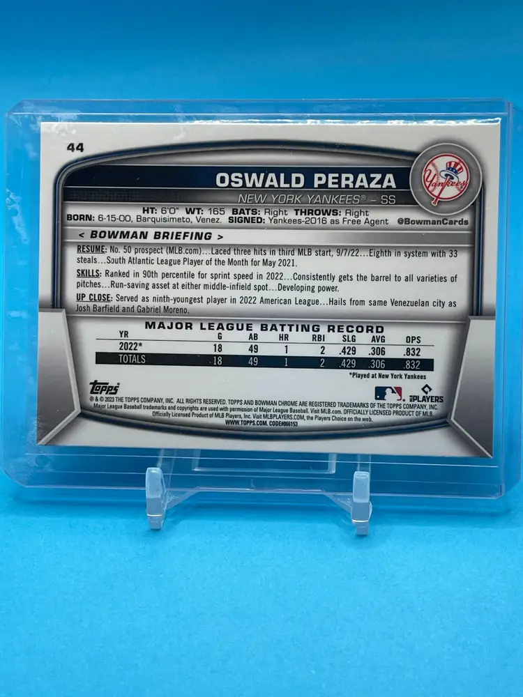 2023 Bowman Chrome Sapphire Oswald Peraza RC Rookie NY New York Yankees