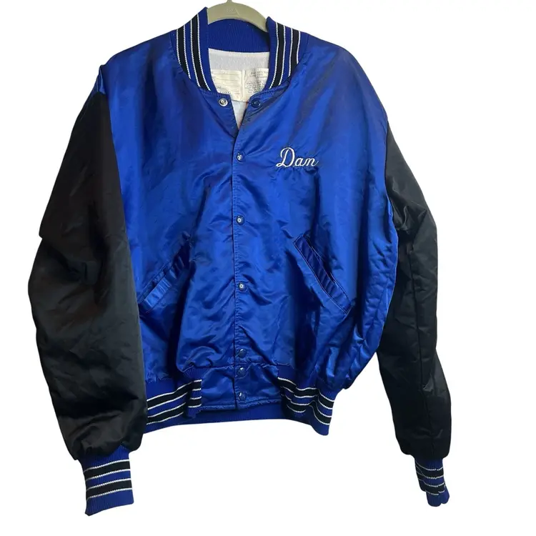 DeLong Sports Satin Bomber Jacket Lg DAN Blue Black Soccer NJ State Select 1986
