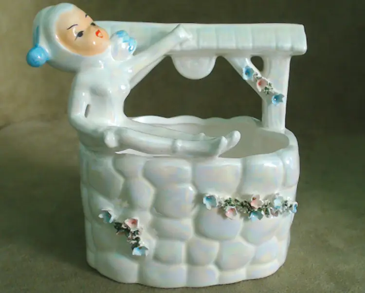 Vintage Lusterware Pixie Elf Planter | Pearlized Pixie On a Wishing Well | Magical Garden Fairy | 1950s Lefton Made in Japan