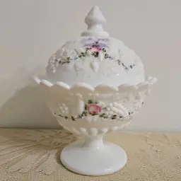 Westmoreland Handpainted Roses and Bows Milk Glass Candy Compote Dish