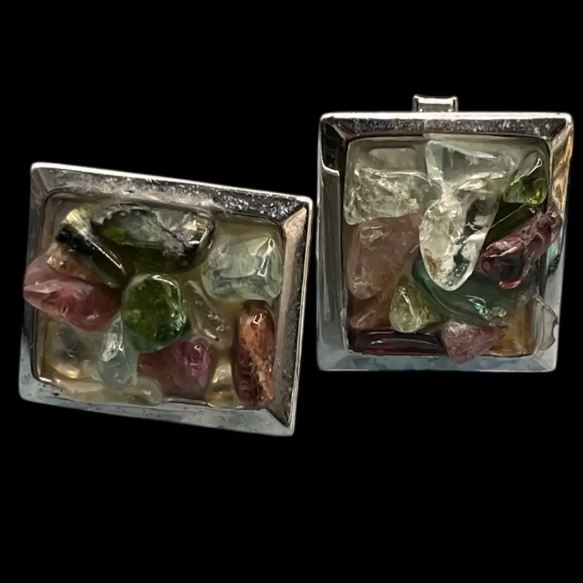 ✨ Pair of 925 Silver Multicolor Stone Cufflinks ✨