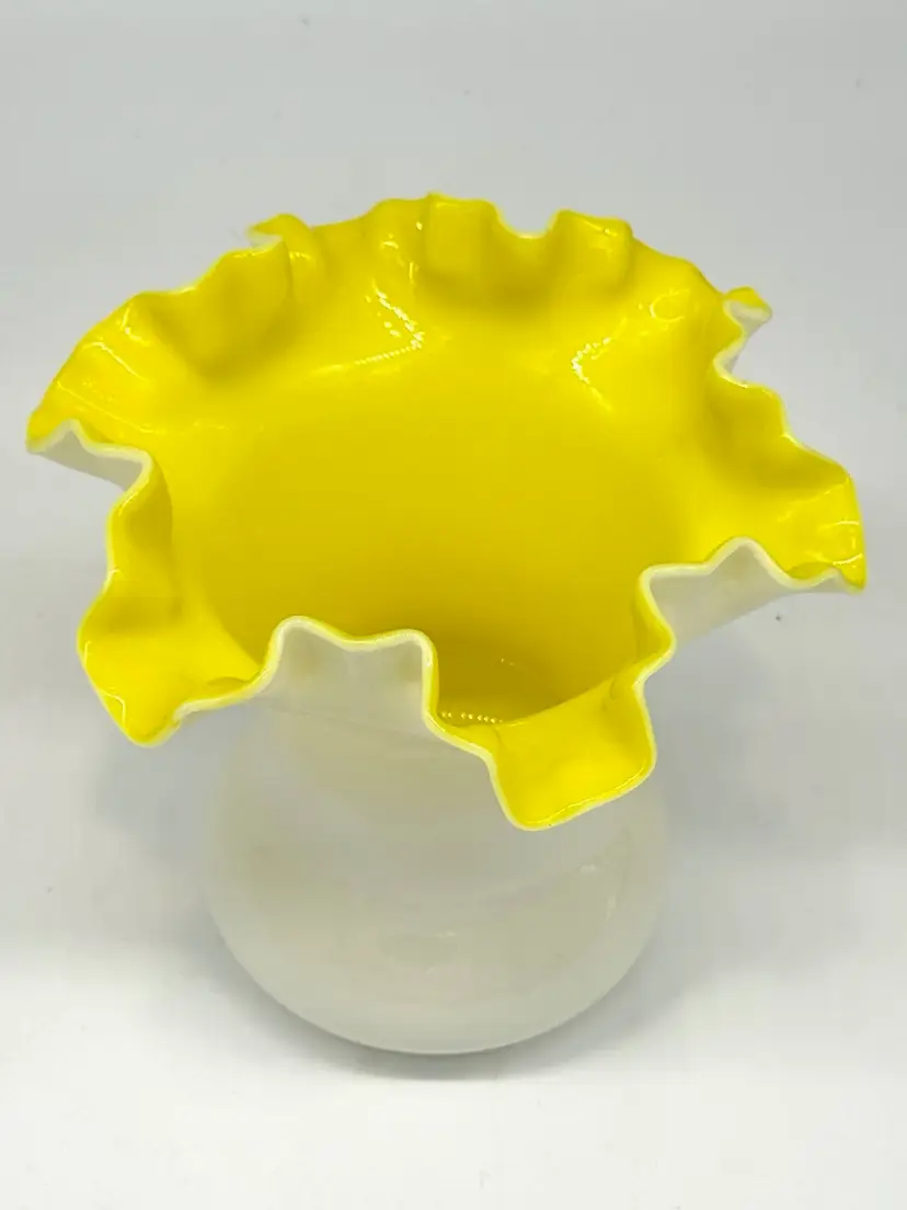 031.  Vintage Fenton Yellow Overlay Ruffle Top Vase Apx 7”h 7”w Happy Yellow !