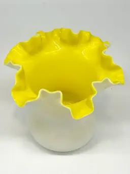 031. Vintage Fenton Yellow Overlay Ruffle Top Vase Apx 7”h 7”w Happy Yellow !