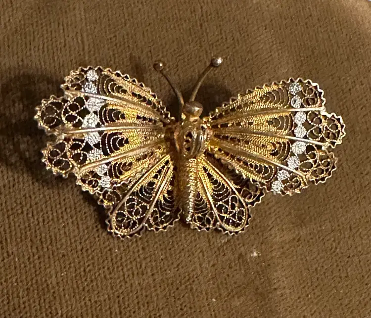 800 Silver w/ Gold wash Filigree Butterfly Pin