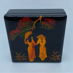 #4105 Vietnamese Foil Art Lacquerware Trinket Box Orange Artwork Decor Figures