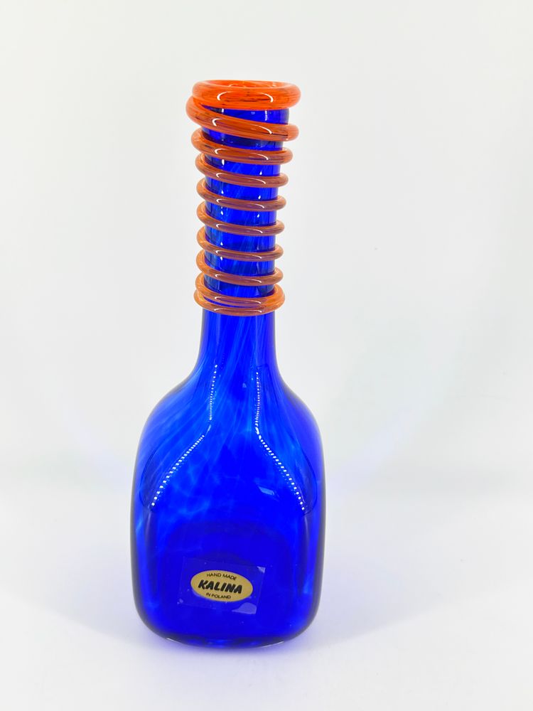 Cobalt Blue Swirled 9.25" Kalina Blown Glass Square Bottle Orange Applied Band