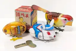 3 Vintage Wind-Up Tin Toys + 1 Key: 1.5" Pecking Chicken With Box, Japanese Dapper Hopping Rabbit & Sparrow, All But Sparrow In Working Condition