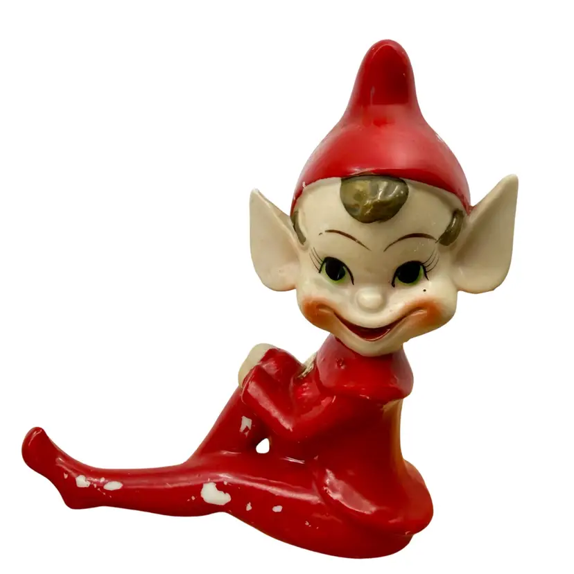 Large 5” Vintage 1950s Ceramic  Big Eye Pixie Elf Figurine - Shelf Sitter - Japan Red Ink Stamp - MCM Red -Kitsch - Anthropomorphic 
5” T x 5.25” L x 2” W