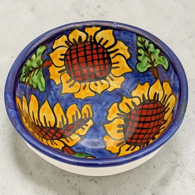 Talavera Rea Terracotta Folk Art Pottery Yellow and Blue Sunflower Bowl Mexico