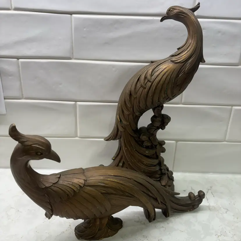 Pair Of Vintage Gold Syroco Peacock Figurines Hollywood Regency Decor MCM