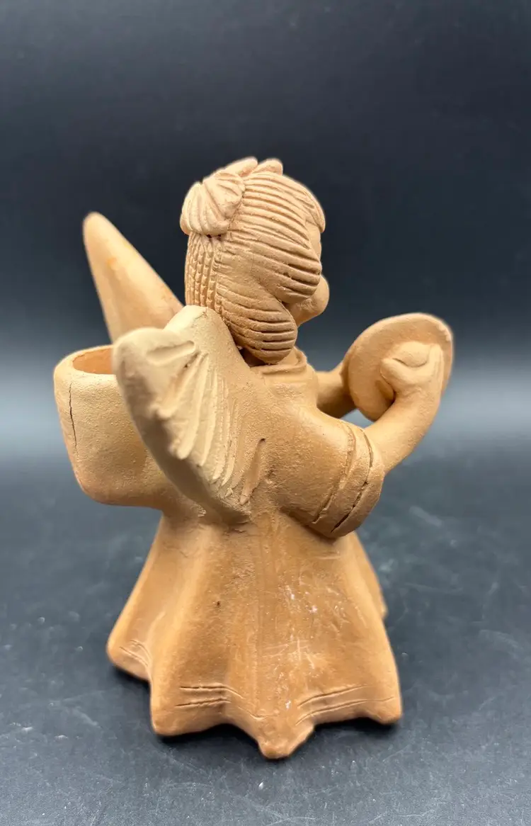 Angel Candle Holder, Musician, Terra Cotta, Signed, Folk Art, Guatemalan?