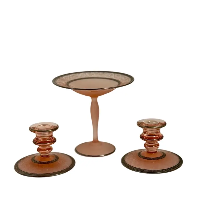 Vintage Pink Glass Candlestick Holders & Compote Frosted & Etched With Intricate Silver Edge
Compote: 6” T x 7-1/4” W 
Candle Holders: 3-1/4” T x 4-3/4” W