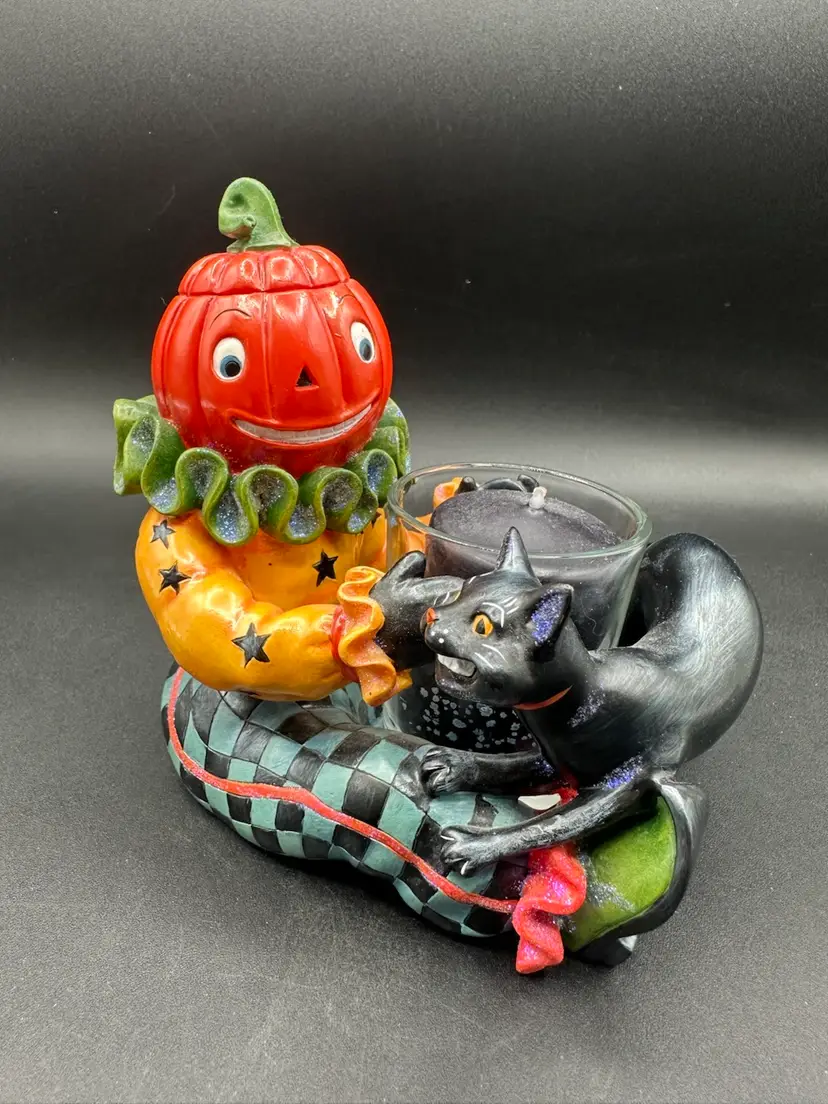 Retro Vintage Anthro Pumpkin Man With Black Cat Votive Holder Halloween Decor