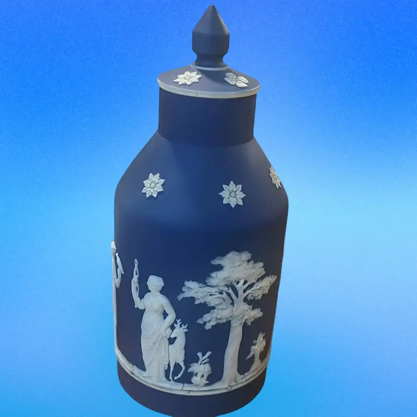 Wedgwood Tea Caddy Colbalt Jasper Ware England Call on On Bottom Of Lid