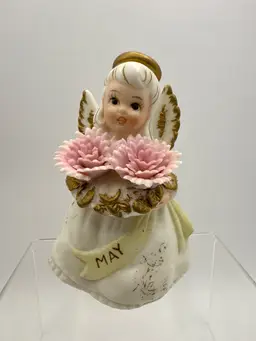Lefton May Birthday Angel Holding Basket Of Pink Flowers #3332 Japan Vintage