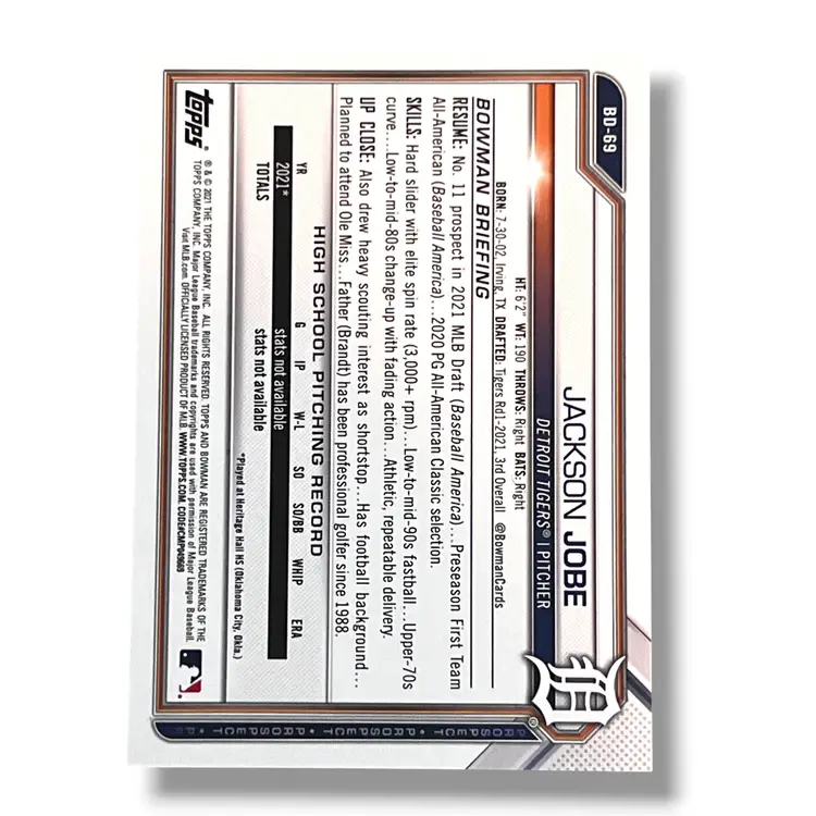 2021 Bowman Draft Jackson Jobe 1st Bowman Purple 64/250 #BD-69