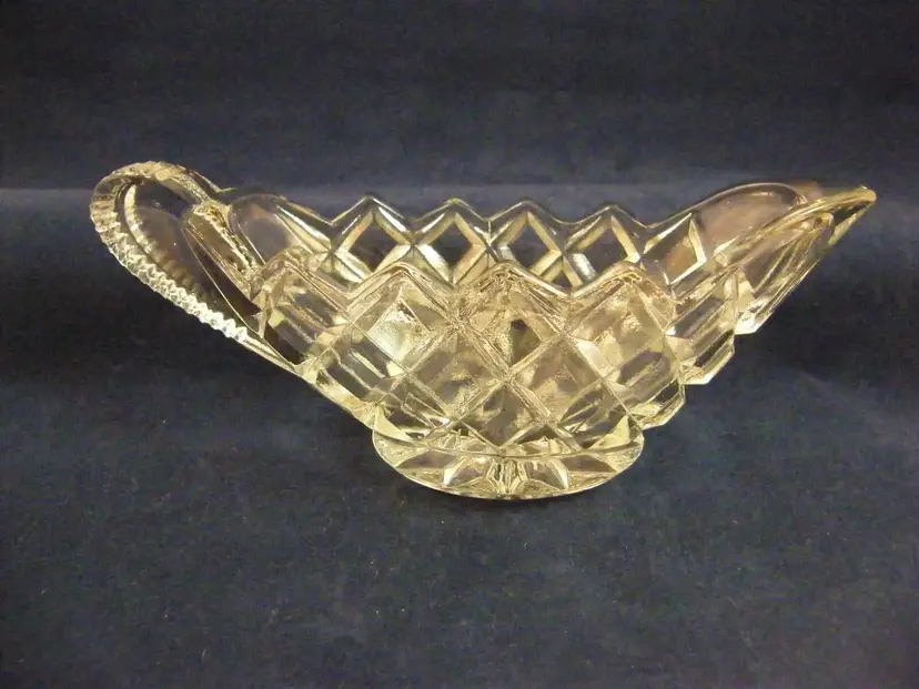 #01 Vintage Diamond-Cut Pattern Pressed Glass Gravy Boat EAPG