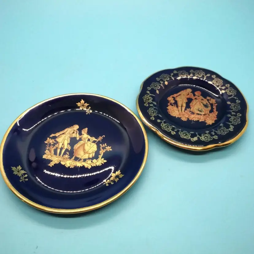 Vintage Limoges Mini Cobalt Blue And 24KG Decorative Plates, From France, Set of Two