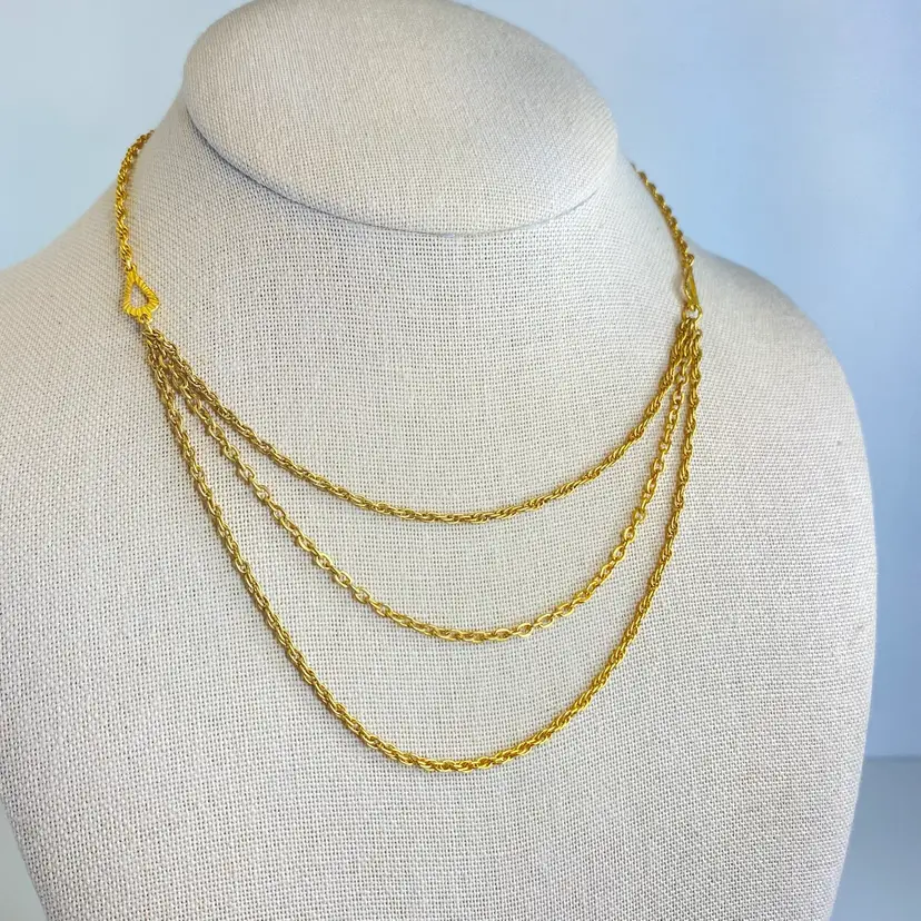 #02 Vintage Necklace Gold Tone Triple Strand Rope Chain Layered Teardrop MidCentury