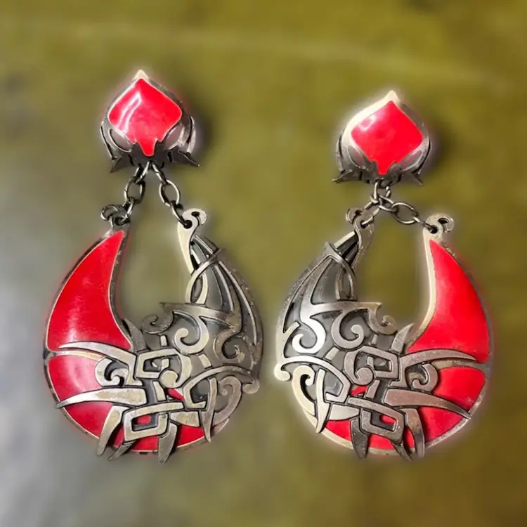 Vintage Edgar Berebi Enamel Red Black Silver Dangle Earrings  3”L