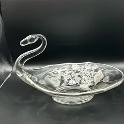 63 Vintage New Martinsville Glass Swan Dish With Silver Overlay