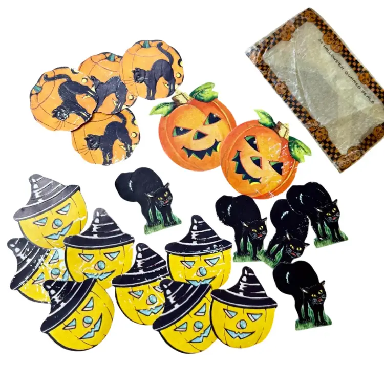Antique Halloween Gummed Seal Lot, 19 Pc, Embossed, Black Cat, Jackolanterns