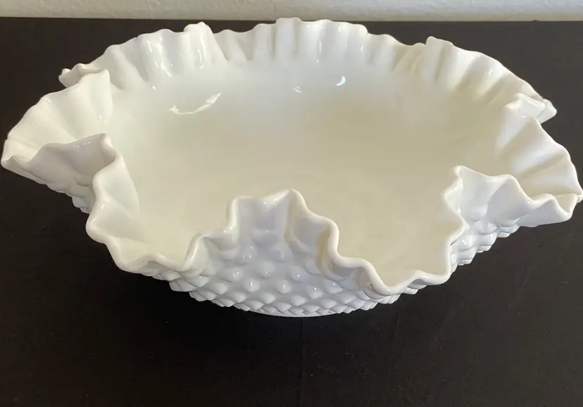 Vintage Fenton Milk Glass Hobnail Ruffled Edge Bowl, 11.5" Diameter