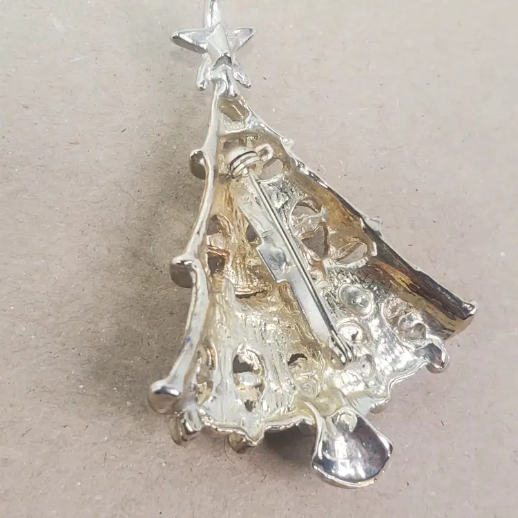 Free Ship...Vintage Christmas Tree Brooch – Gold Tone with Colorful Beads & Star Topper