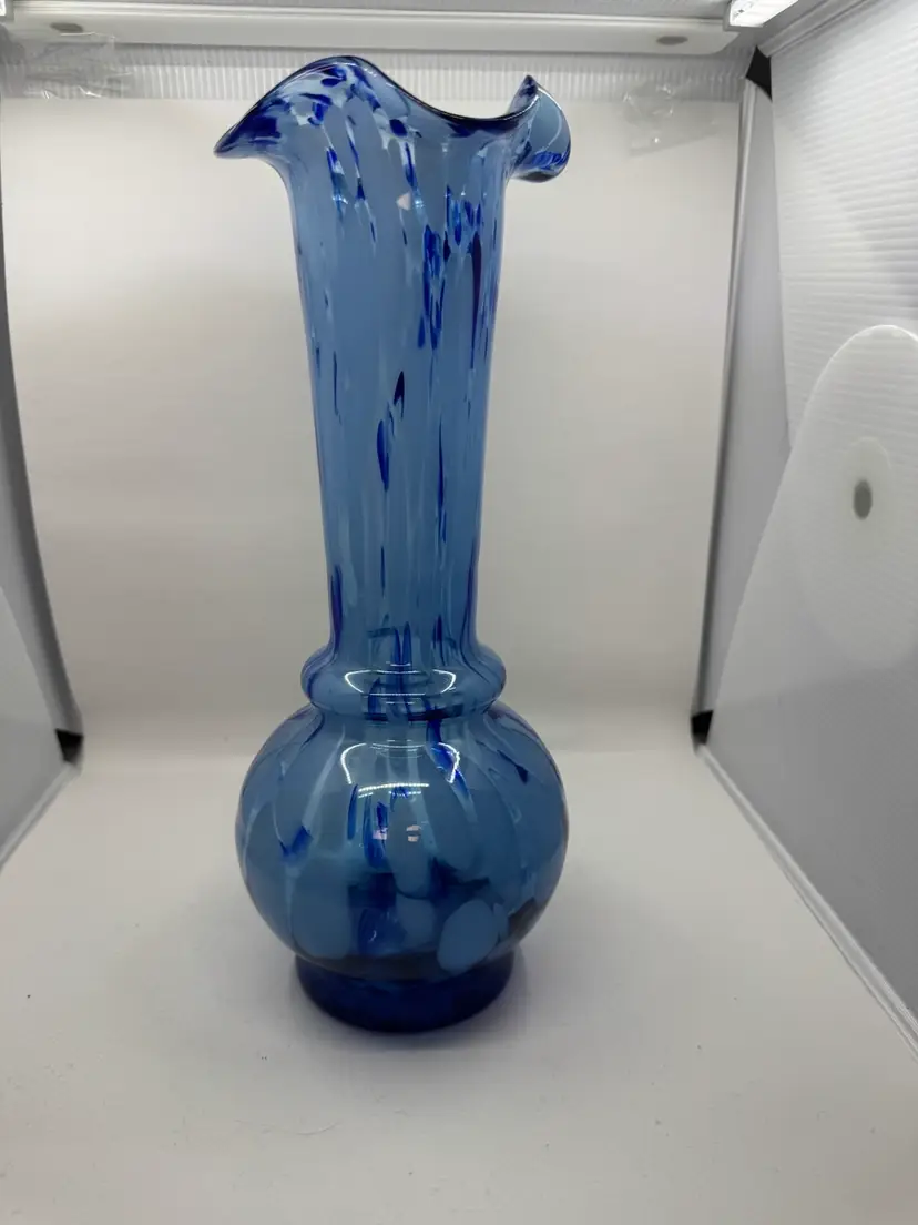 Blue speckled art glass vase with a ruffled rim, 12.5” Tall