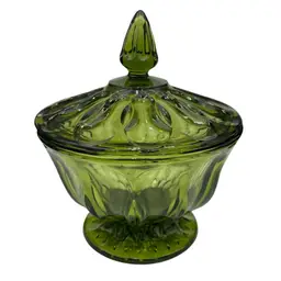 Vintage Anchor Hocking 'Fairfield', Avocado Green, Glass Candy Dish with Lid, MINT