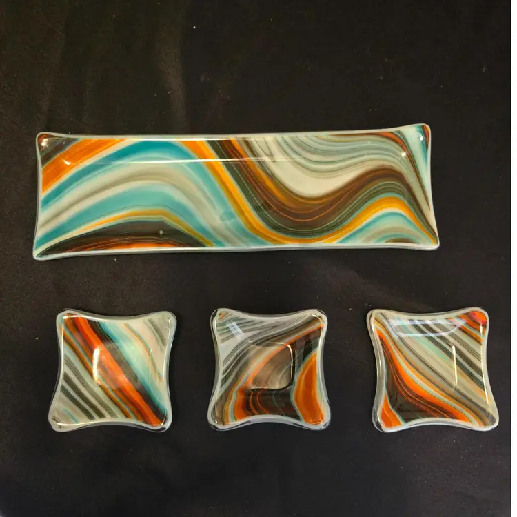 Retro Southwest Swirled Art Glass Tray Set.  Beautiful Design.  Appetizers/Sushi Set/Trinket Trays?