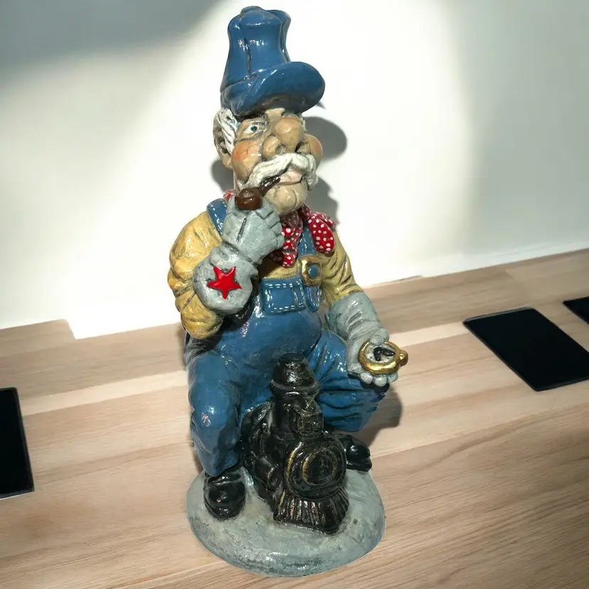 Vtg 1960's Miniature Train Conductor w/ Pipe & Timepiece Chalkware Statue 10.5"